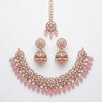 Kundan Rose Gold Plated Pink Choker Bridal Jewellery Set - 3-Piece Necklace, Earrings & Tikka
