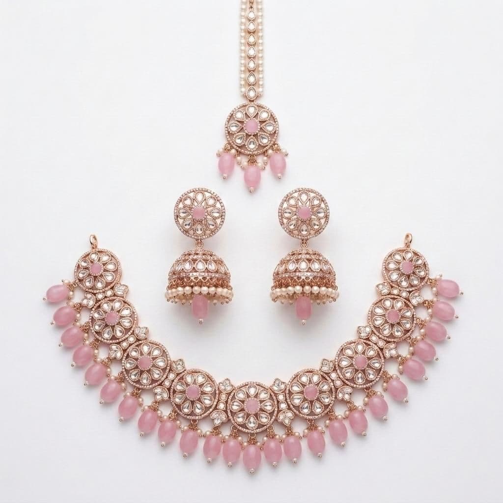 Kundan Rose Gold Plated Pink Choker Bridal Jewellery Set - 3-Piece Necklace, Earrings & Tikka