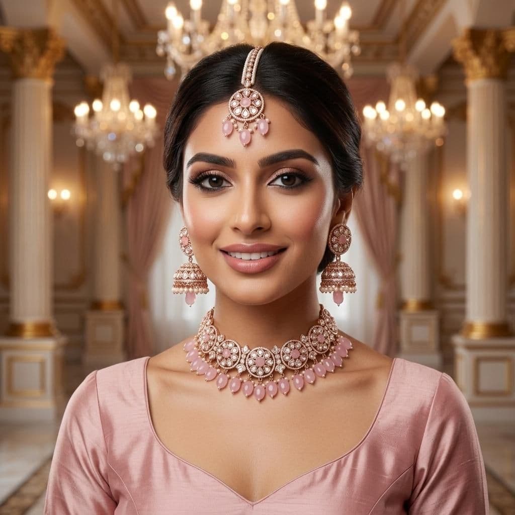 Kundan Rose Gold Plated Pink Choker Bridal Jewellery Set - 3-Piece Necklace, Earrings & Tikka