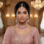 Kundan Rose Gold Plated Pink Choker Bridal Jewellery Set - 3-Piece Necklace, Earrings & Tikka