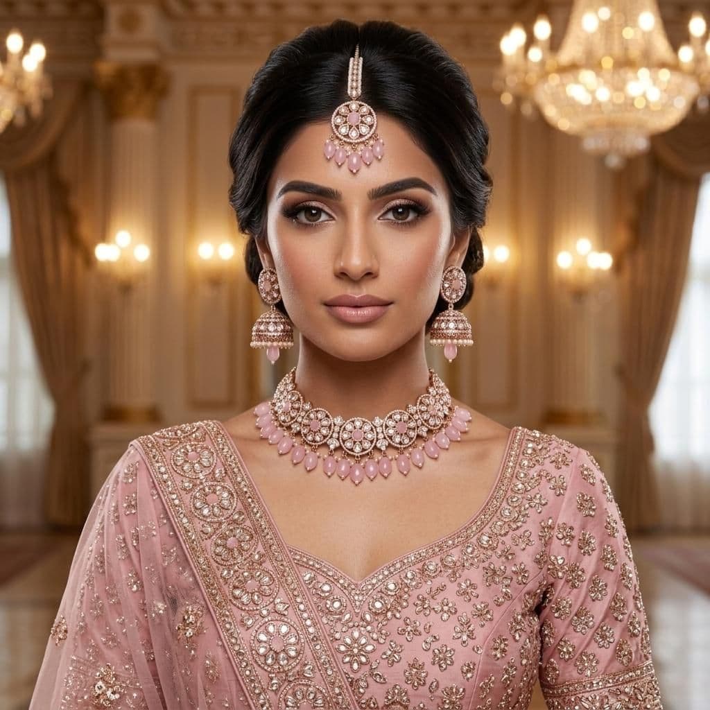 Kundan Rose Gold Plated Pink Choker Bridal Jewellery Set - 3-Piece Necklace, Earrings & Tikka