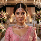 Kundan Rose Gold Plated Pink Choker Bridal Jewellery Set - 3-Piece Necklace, Earrings & Tikka