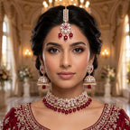 Kundan Rose Gold Plated Ruby Red Choker Bridal Jewellery Set - 3-Piece Necklace, Earrings & Tikka