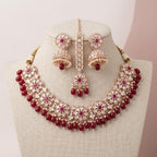 Kundan Rose Gold Plated Ruby Red Choker Bridal Jewellery Set - 3-Piece Necklace, Earrings & Tikka
