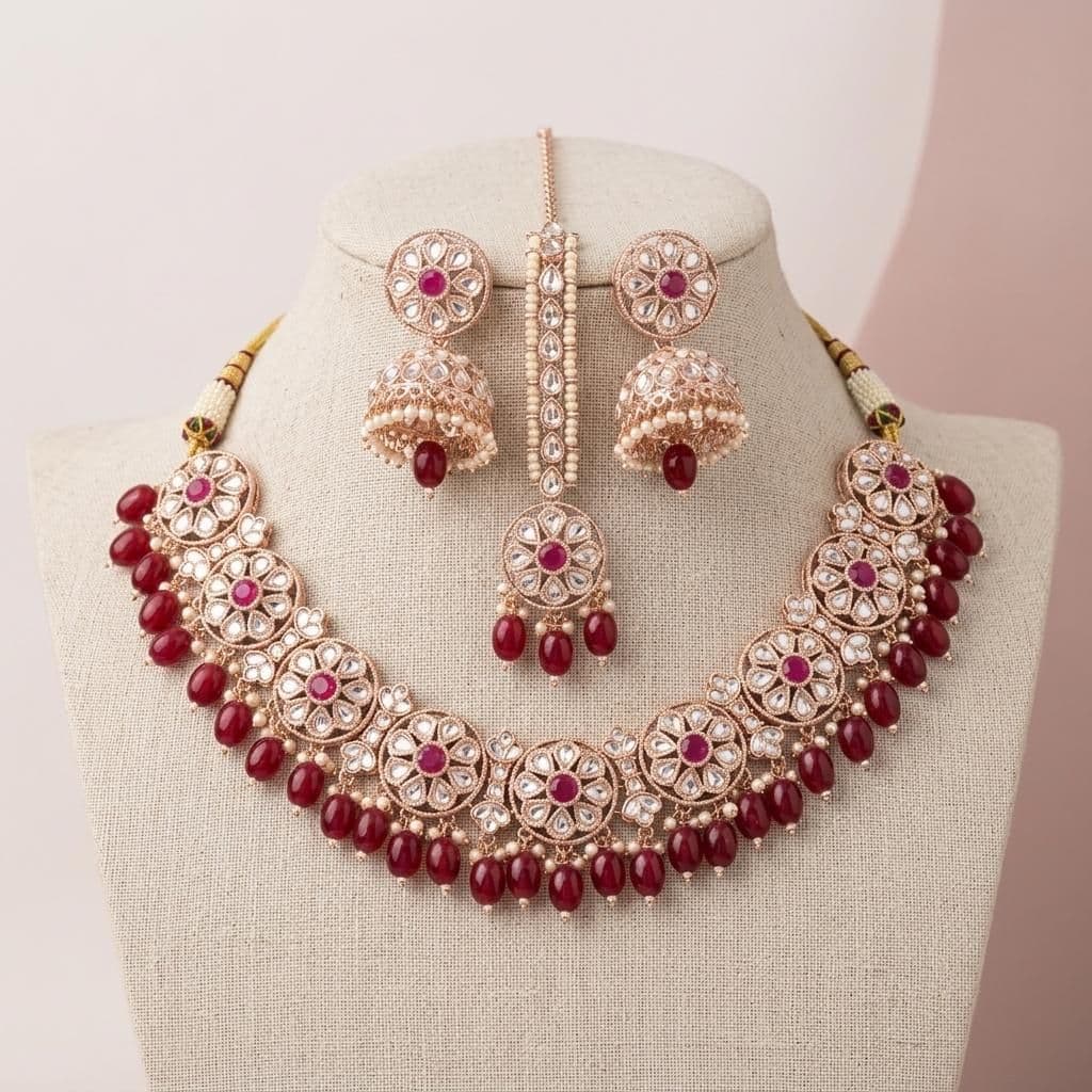 Kundan Rose Gold Plated Ruby Red Choker Bridal Jewellery Set - 3-Piece Necklace, Earrings & Tikka