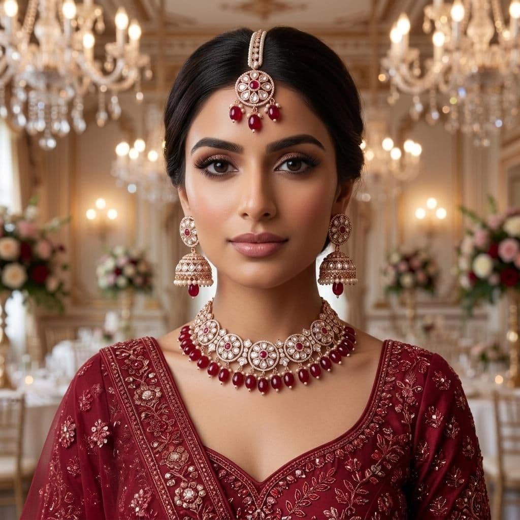 Kundan Rose Gold Plated Ruby Red Choker Bridal Jewellery Set - 3-Piece Necklace, Earrings & Tikka