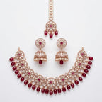Kundan Rose Gold Plated Ruby Red Choker Bridal Jewellery Set - 3-Piece Necklace, Earrings & Tikka
