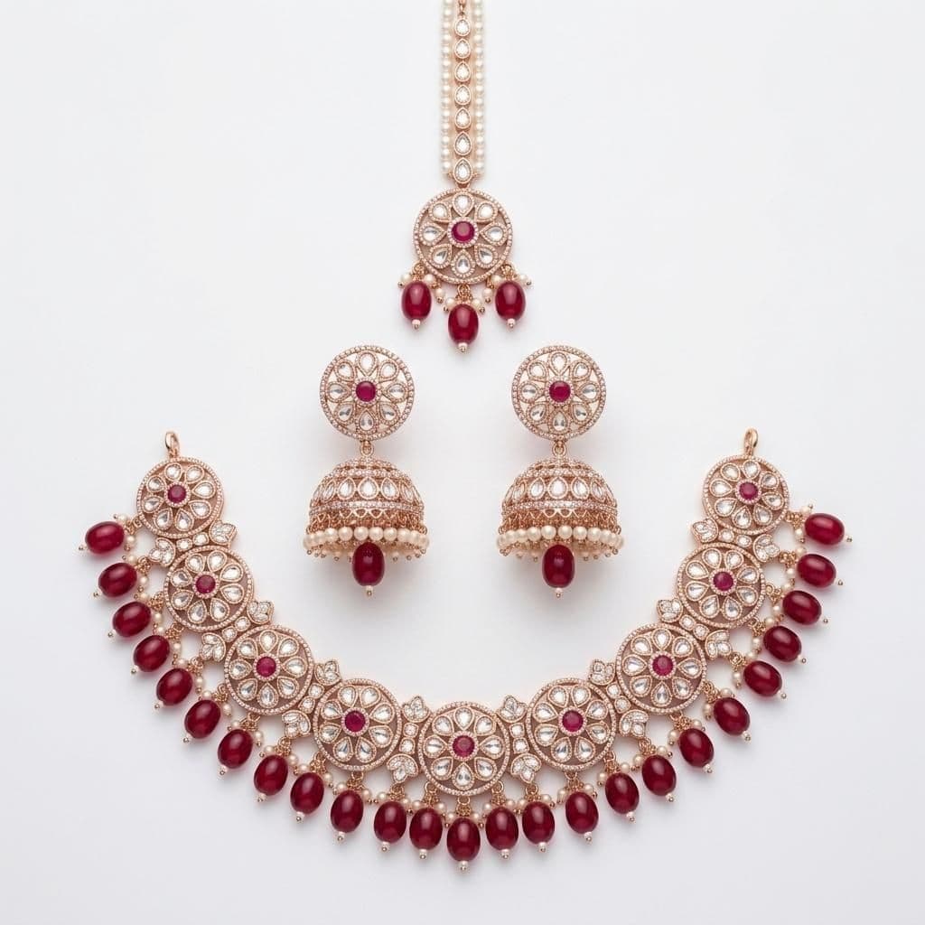 Kundan Rose Gold Plated Ruby Red Choker Bridal Jewellery Set - 3-Piece Necklace, Earrings & Tikka