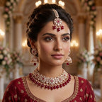 Kundan Rose Gold Plated Ruby Red Choker Bridal Jewellery Set - 3-Piece Necklace, Earrings & Tikka