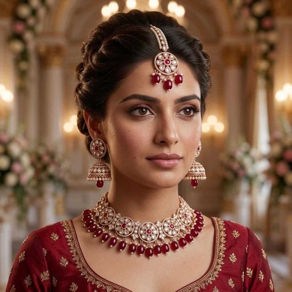 Kundan Rose Gold Plated Ruby Red Choker Bridal Jewellery Set - 3-Piece Necklace, Earrings & Tikka