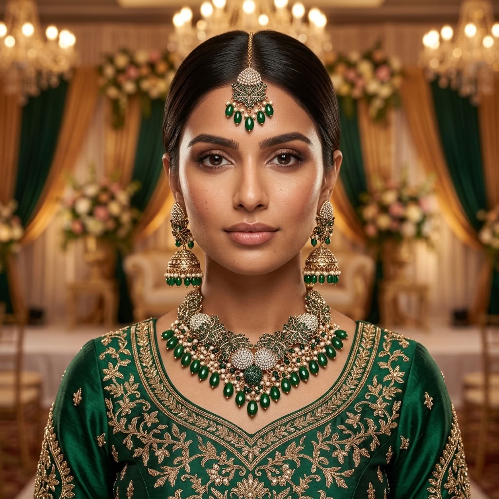 Kundan Antique Gold Plated Emerald Green Bridal Jewellery Set - 3-Piece Necklace, Earrings & Tikka