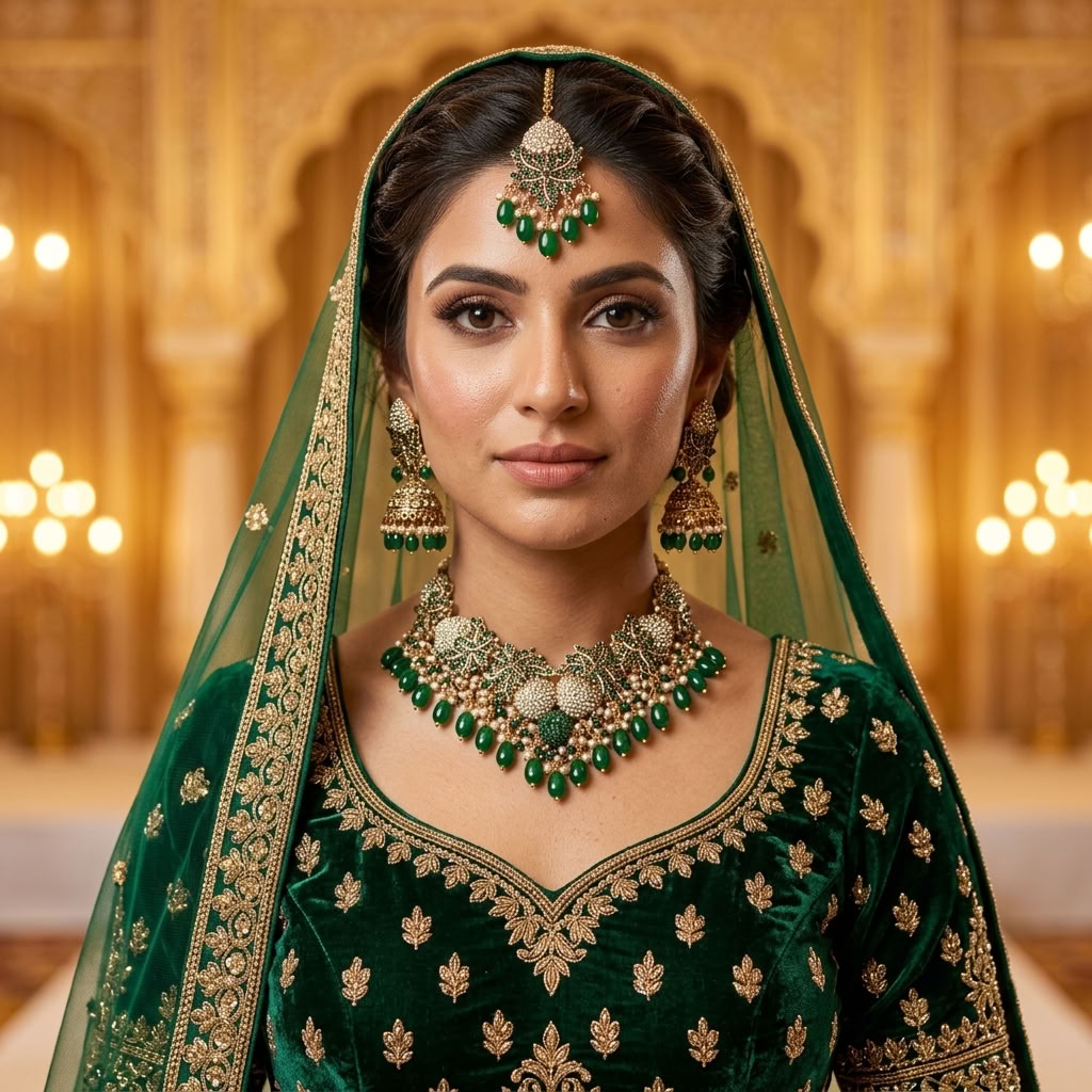Kundan Antique Gold Plated Emerald Green Bridal Jewellery Set - 3-Piece Necklace, Earrings & Tikka