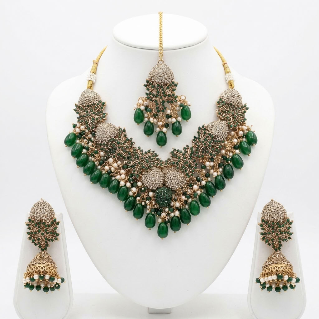 Kundan Antique Gold Plated Emerald Green Bridal Jewellery Set - 3-Piece Necklace, Earrings & Tikka