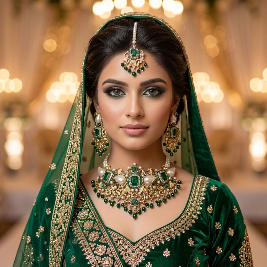 Kundan Antique Gold Plated Emerald Green Choker Bridal Jewellery Set - 3-Piece Necklace, Earrings & Tikka
