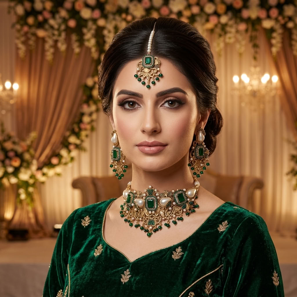 Kundan Antique Gold Plated Emerald Green Choker Bridal Jewellery Set - 3-Piece Necklace, Earrings & Tikka