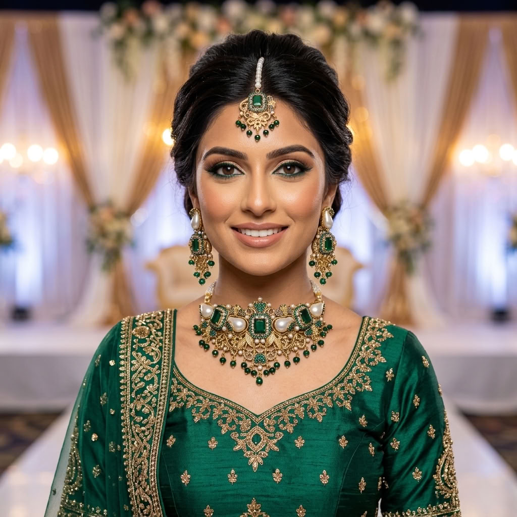 Kundan Antique Gold Plated Emerald Green Choker Bridal Jewellery Set - 3-Piece Necklace, Earrings & Tikka