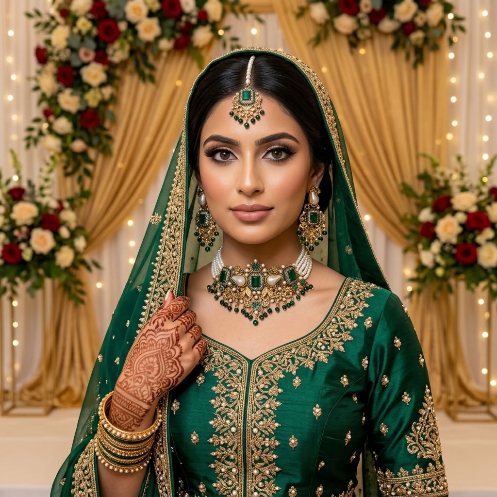 Kundan Antique Gold Plated Emerald Green Choker Bridal Jewellery Set - 3-Piece Necklace, Earrings & Tikka