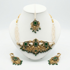 Kundan Antique Gold Plated Emerald Green Choker Bridal Jewellery Set - 3-Piece Necklace, Earrings & Tikka