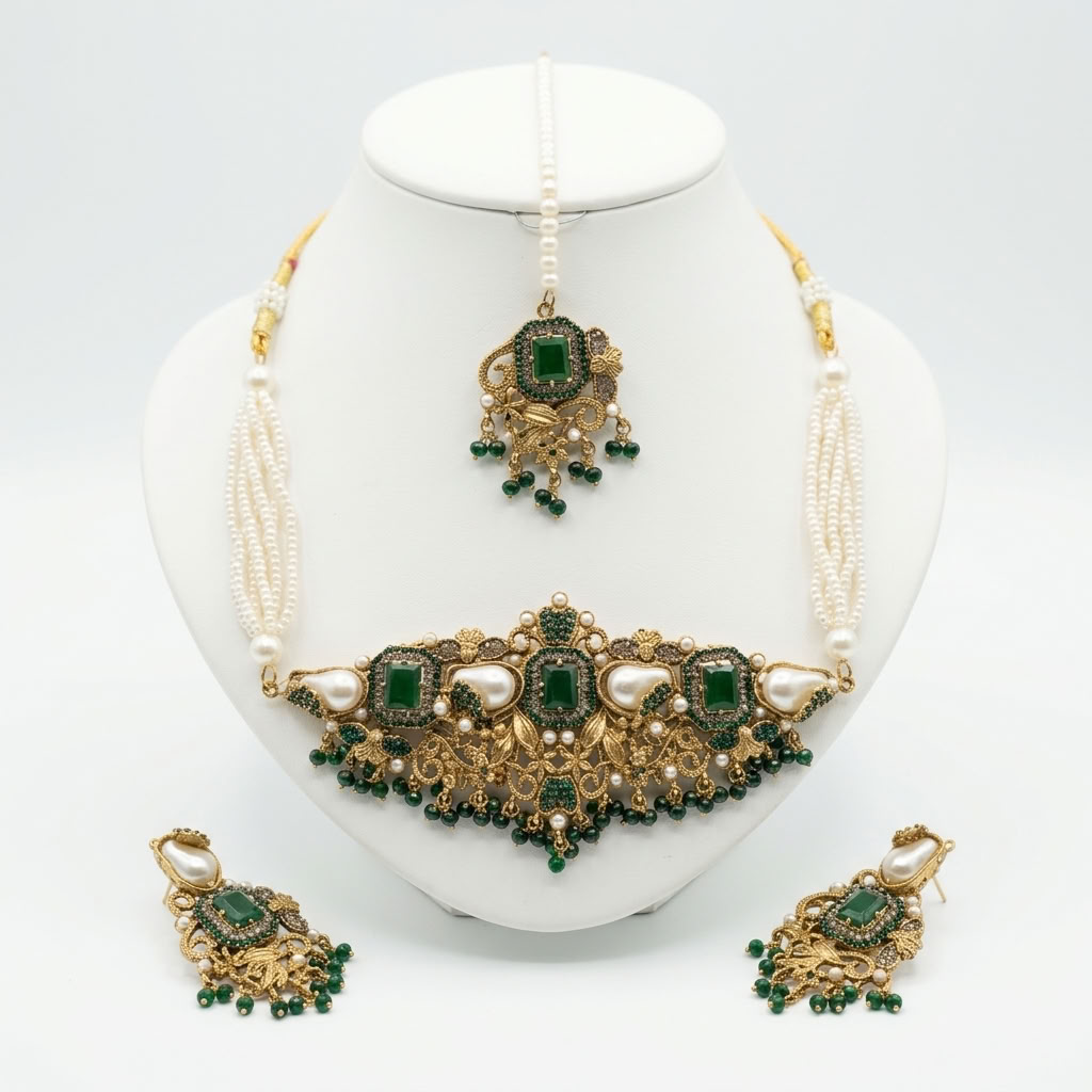 Kundan Antique Gold Plated Emerald Green Choker Bridal Jewellery Set - 3-Piece Necklace, Earrings & Tikka