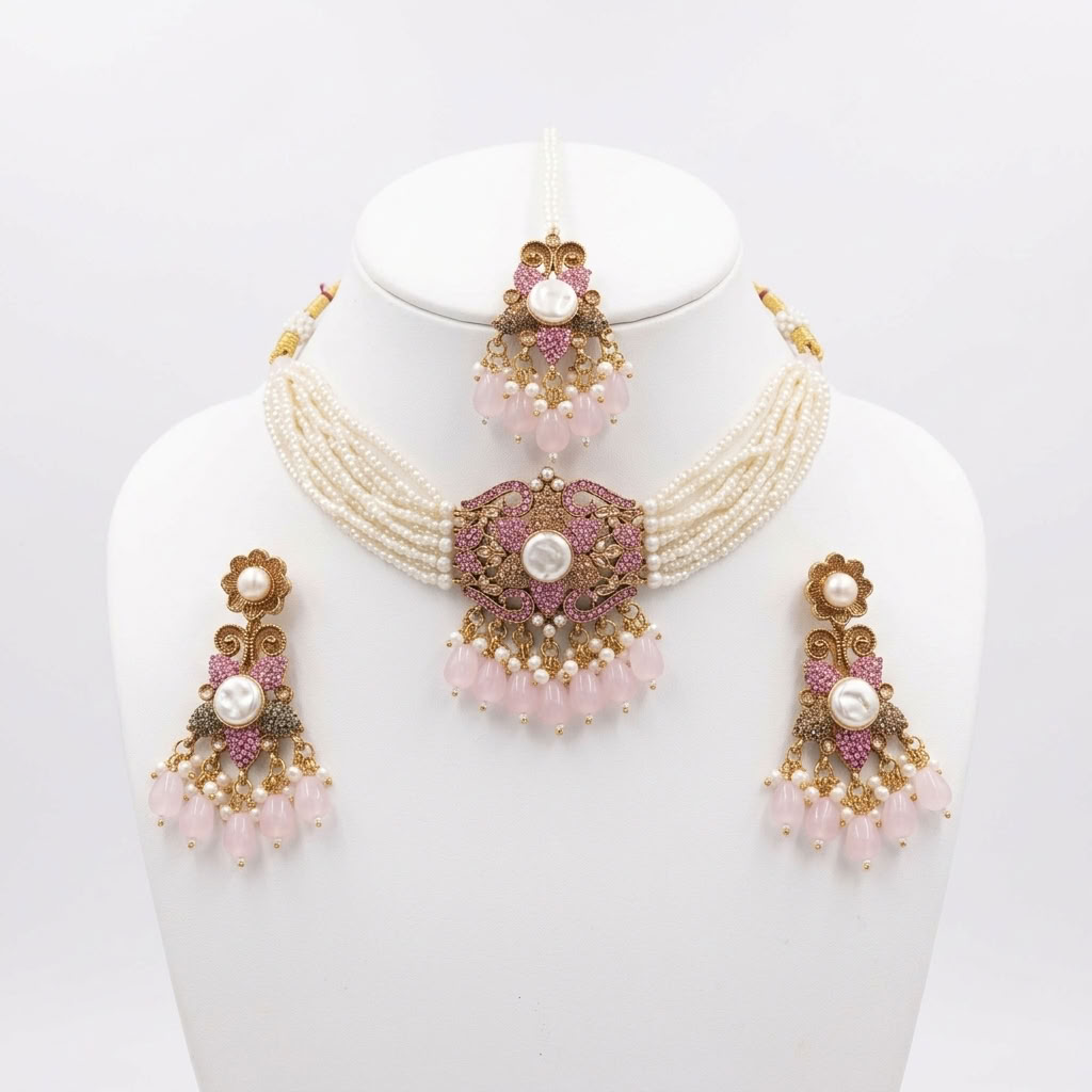 Kundan Antique Gold Plated Pink Choker Bridal Jewellery Set - 3-Piece Necklace, Earrings & Tikka