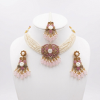 Kundan Antique Gold Plated Pink Choker Bridal Jewellery Set - 3-Piece Necklace, Earrings & Tikka