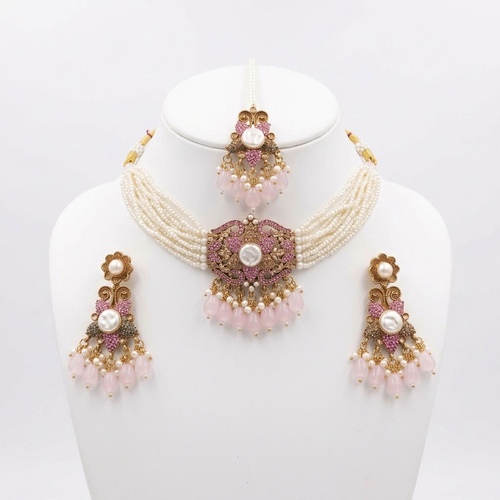 Kundan Antique Gold Plated Pink Choker Bridal Jewellery Set - 3-Piece Necklace, Earrings & Tikka