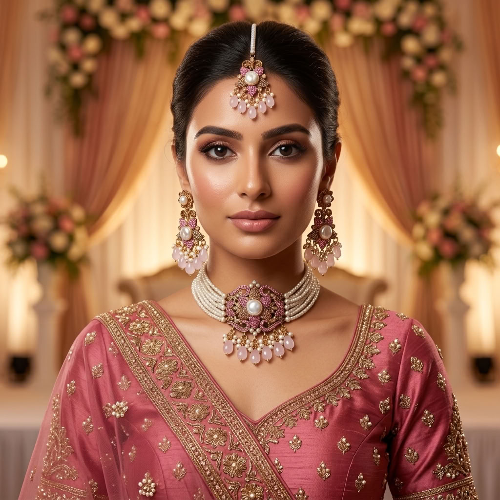 Kundan Antique Gold Plated Pink Choker Bridal Jewellery Set - 3-Piece Necklace, Earrings & Tikka