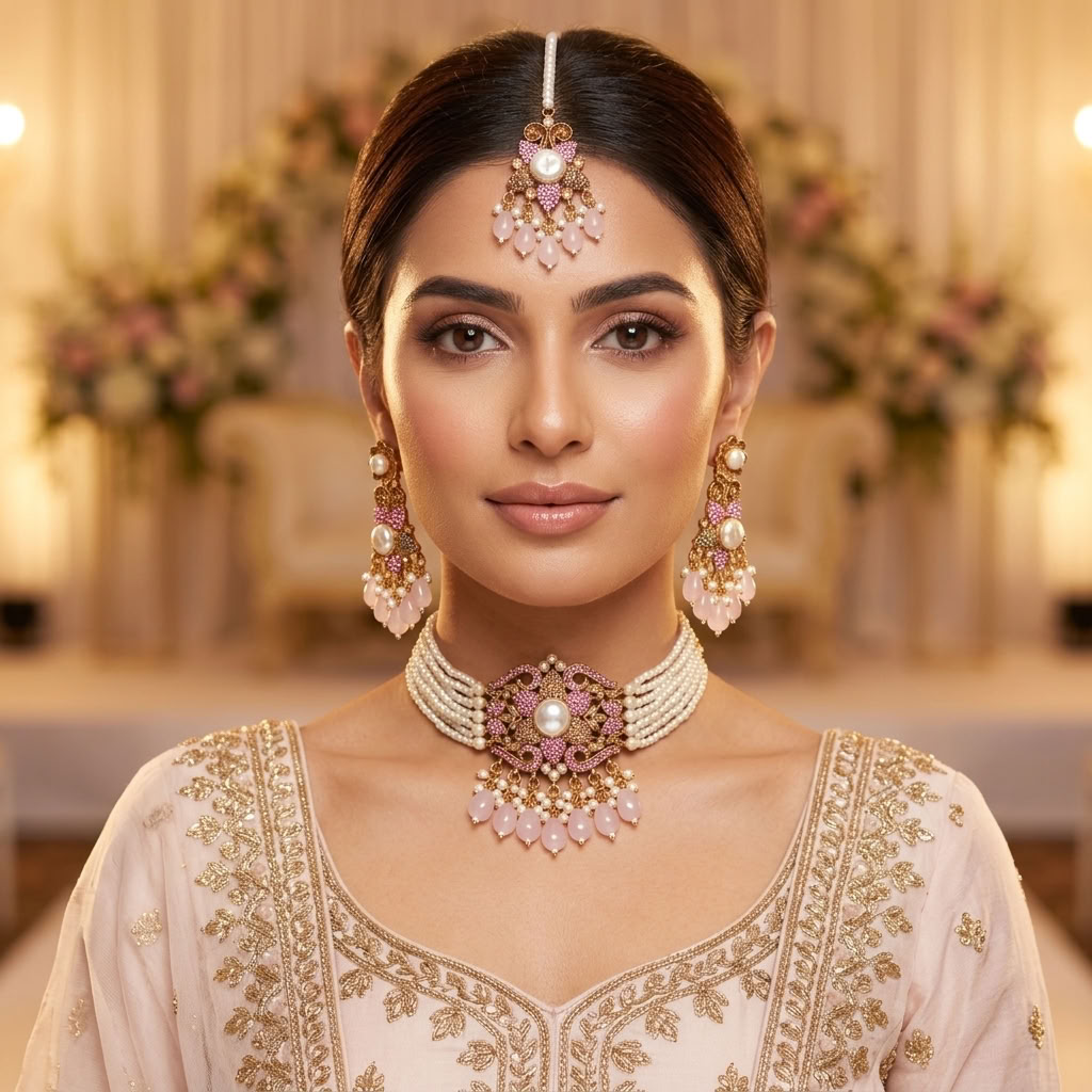 Kundan Antique Gold Plated Pink Choker Bridal Jewellery Set - 3-Piece Necklace, Earrings & Tikka