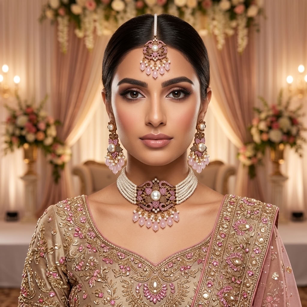Kundan Antique Gold Plated Pink Choker Bridal Jewellery Set - 3-Piece Necklace, Earrings & Tikka
