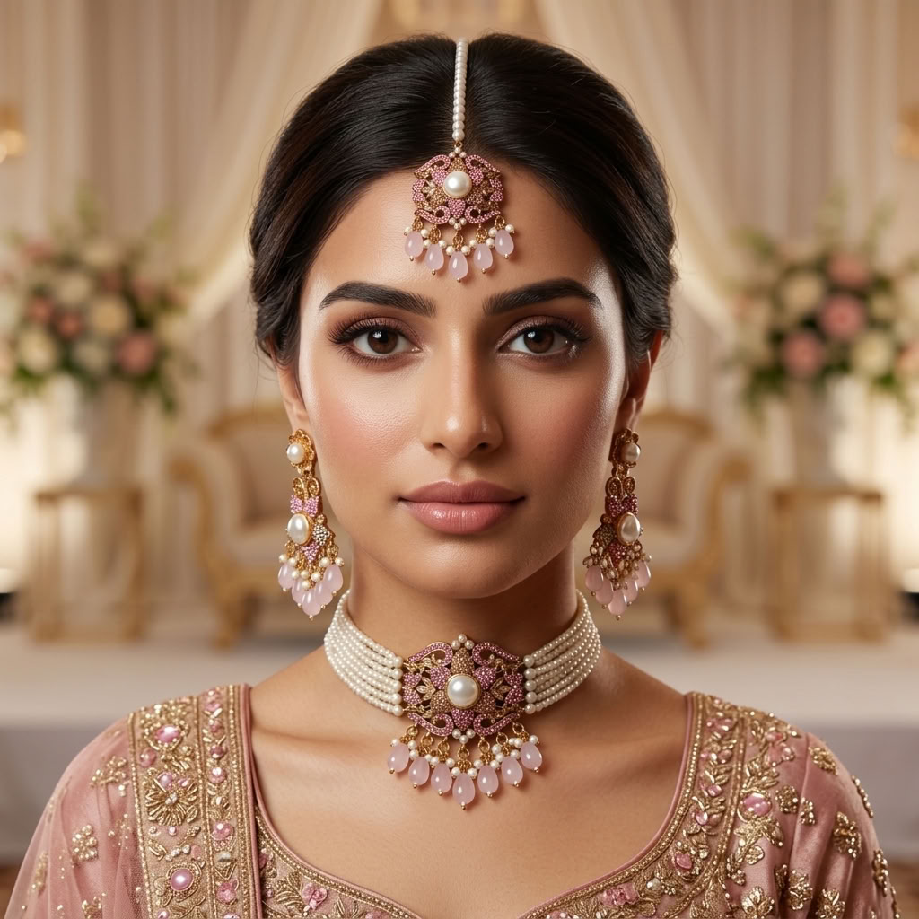 Kundan Antique Gold Plated Pink Choker Bridal Jewellery Set - 3-Piece Necklace, Earrings & Tikka