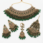 Kundan Gold Plated Green Bridal Jewellery Set - 4-Piece Necklace, Earrings, Tikka & Passa