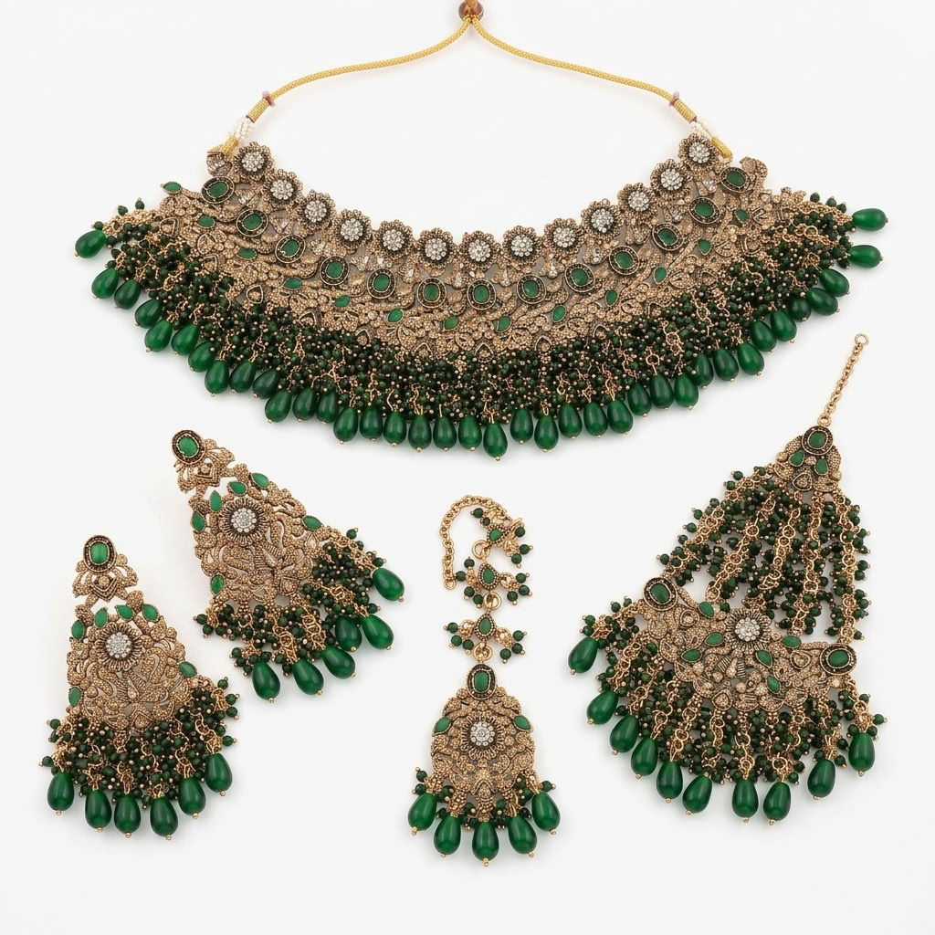 Kundan Gold Plated Green Bridal Jewellery Set - 4-Piece Necklace, Earrings, Tikka & Passa