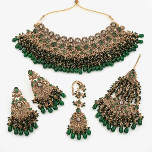 Kundan Gold Plated Green Bridal Jewellery Set - 4-Piece Necklace, Earrings, Tikka & Passa