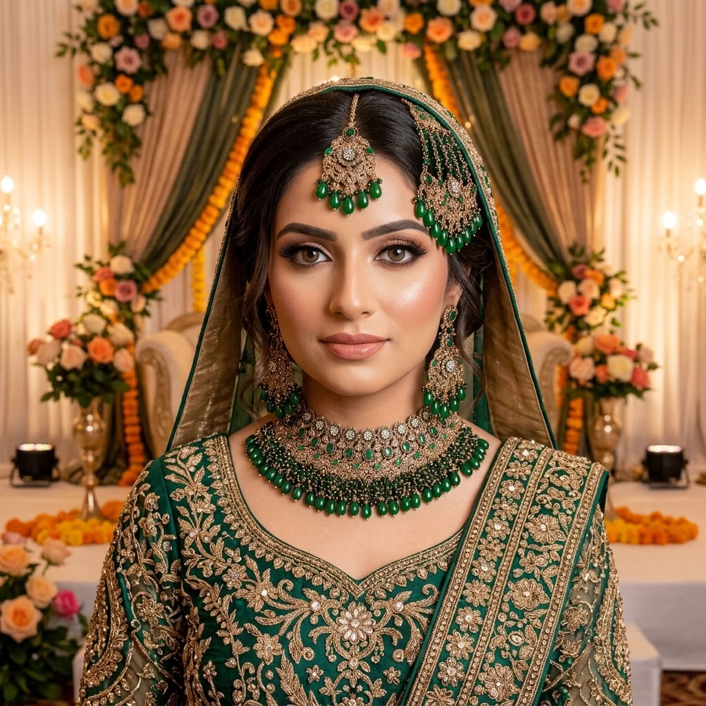 Kundan Gold Plated Green Bridal Jewellery Set - 4-Piece Necklace, Earrings, Tikka & Passa