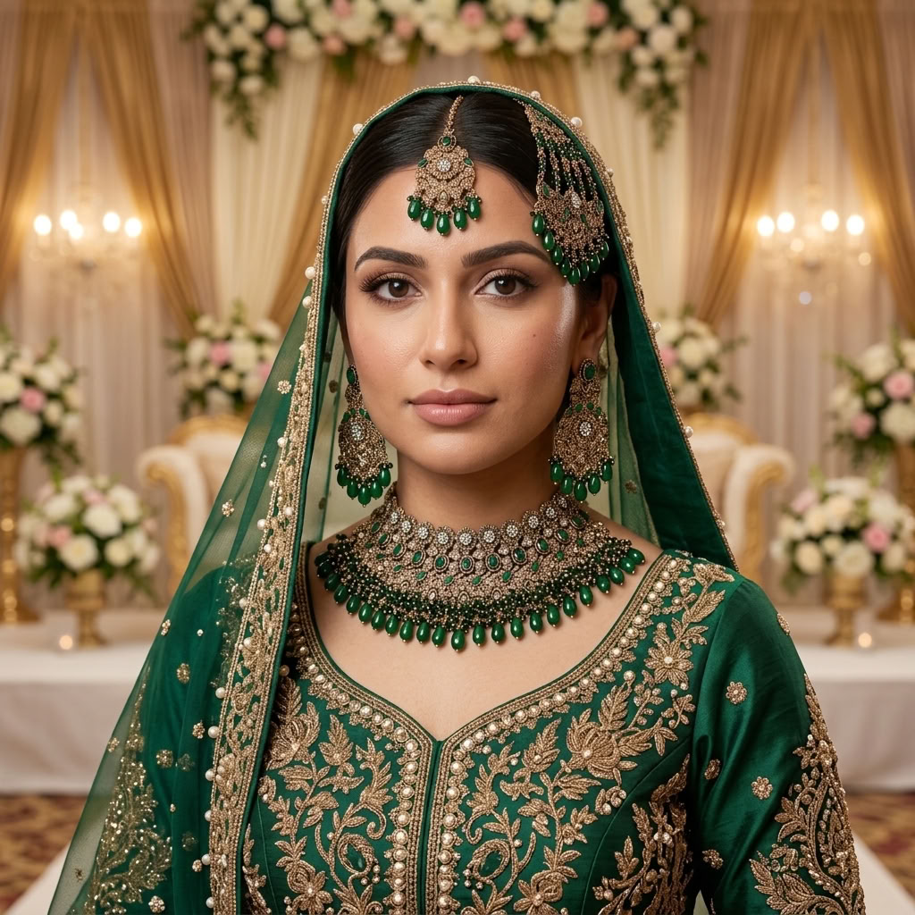 Kundan Gold Plated Green Bridal Jewellery Set - 4-Piece Necklace, Earrings, Tikka & Passa
