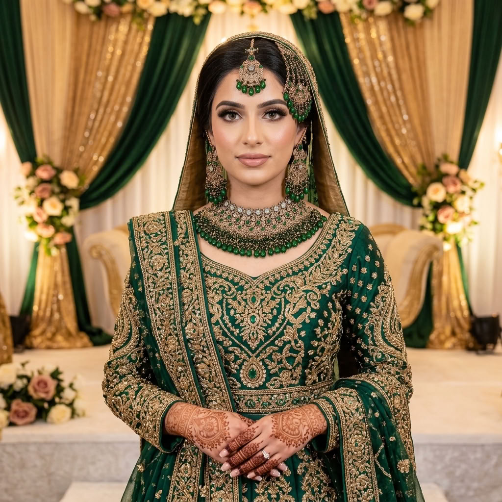 Kundan Gold Plated Green Bridal Jewellery Set - 4-Piece Necklace, Earrings, Tikka & Passa