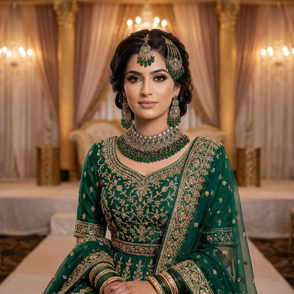 Kundan Gold Plated Green Bridal Jewellery Set - 4-Piece Necklace, Earrings, Tikka & Passa