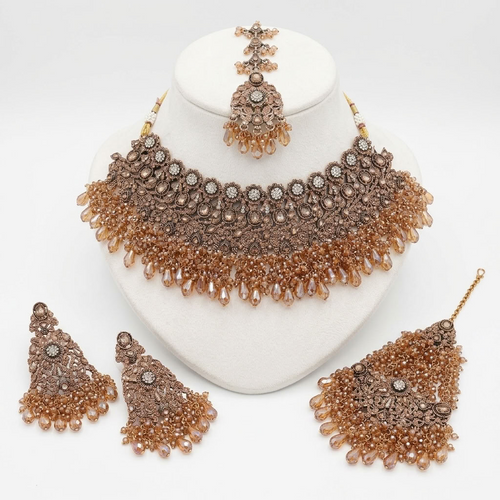 Kundan Gold Plated Peach Bridal Jewellery Set - 4-Piece Necklace, Earrings, Tikka & Passa