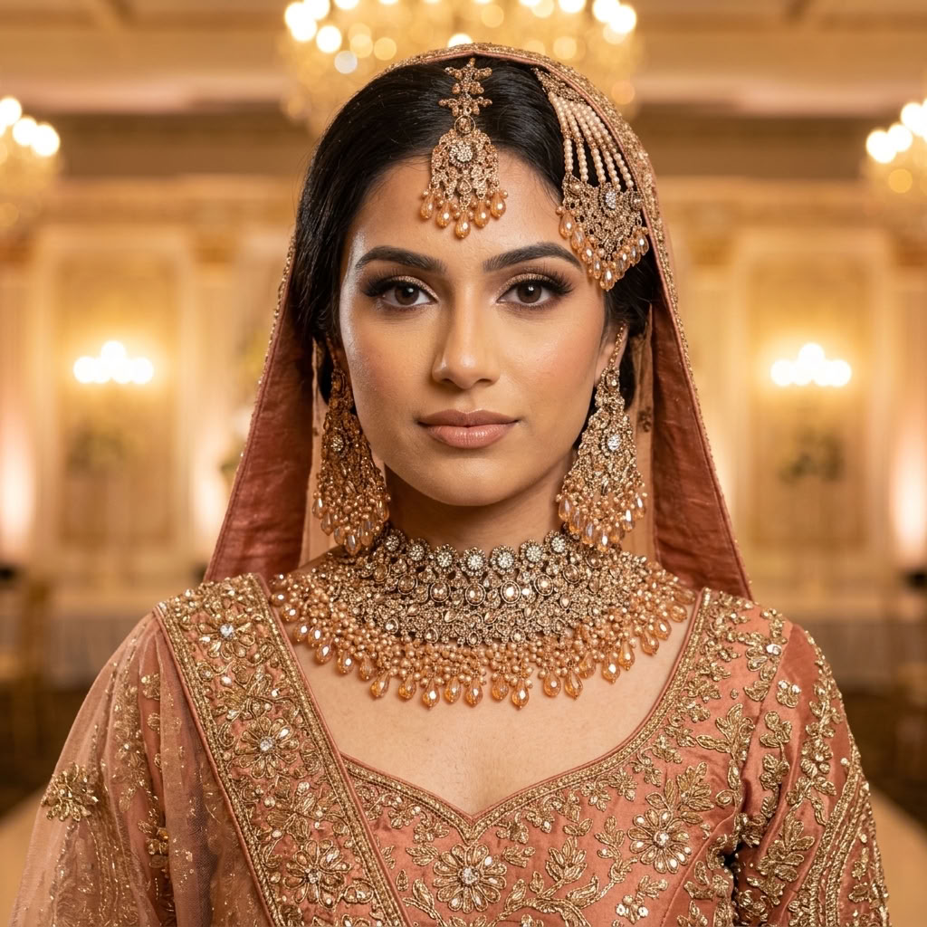 Kundan Gold Plated Peach Bridal Jewellery Set - 4-Piece Necklace, Earrings, Tikka & Passa