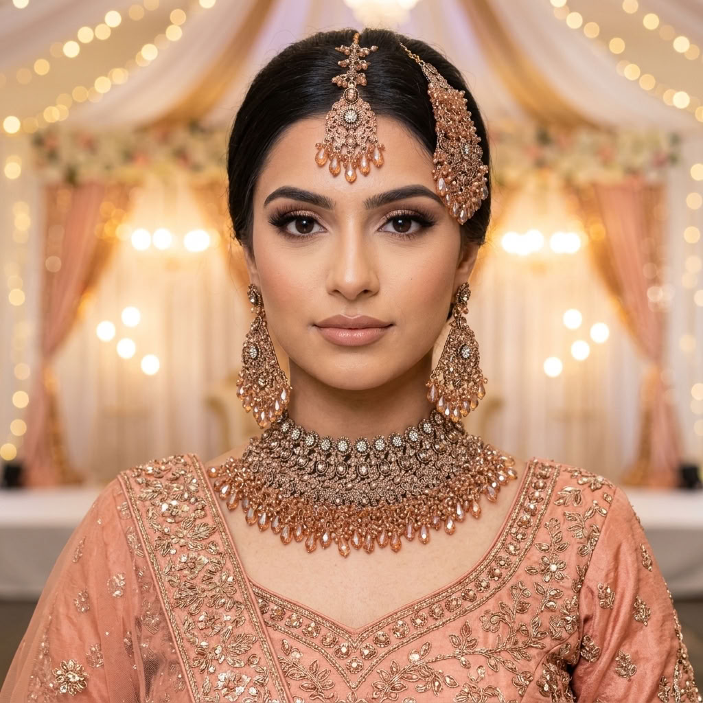 Kundan Gold Plated Peach Bridal Jewellery Set - 4-Piece Necklace, Earrings, Tikka & Passa