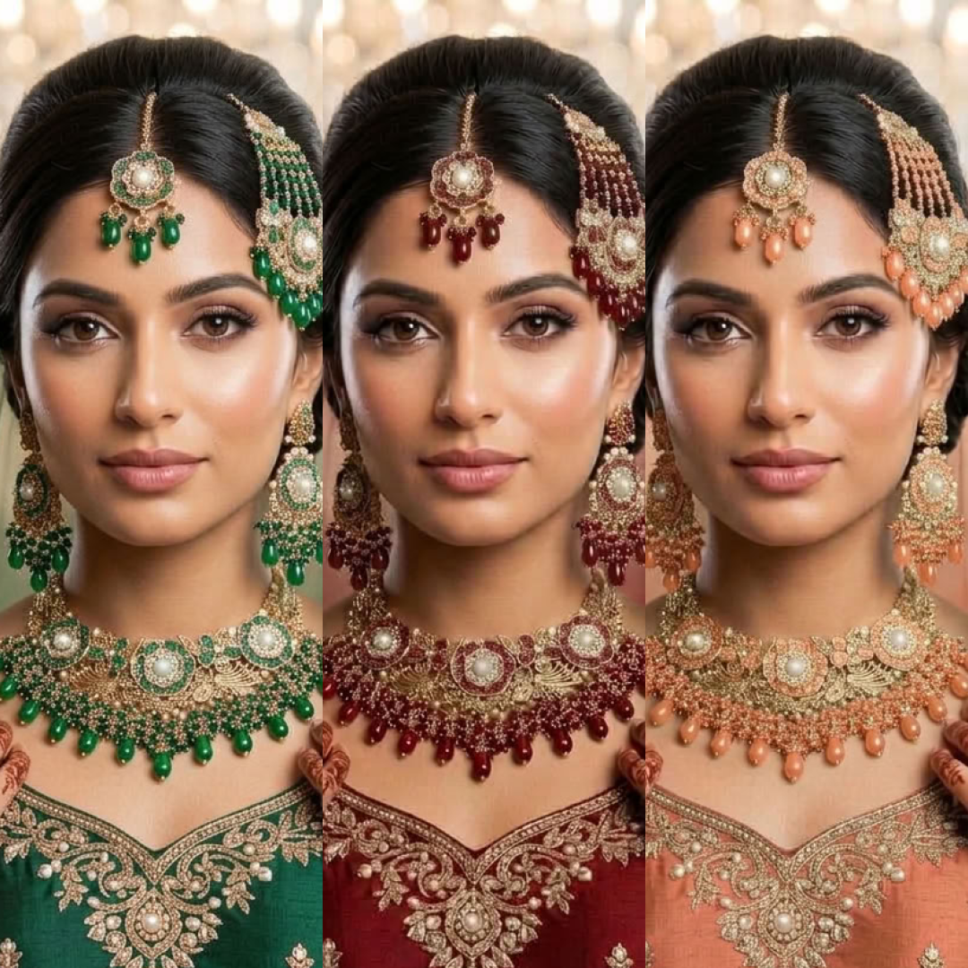 Kundan Antique Gold Plated Ruby Red Bridal Jewellery Set - 4-Piece Necklace, Earrings, Tikka & Passa