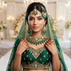 Kundan Antique Gold Plated Green Bridal Jewellery Set - 4-Piece Necklace, Earrings, Tikka & Passa