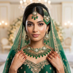 Kundan Antique Gold Plated Green Bridal Jewellery Set - 4-Piece Necklace, Earrings, Tikka & Passa