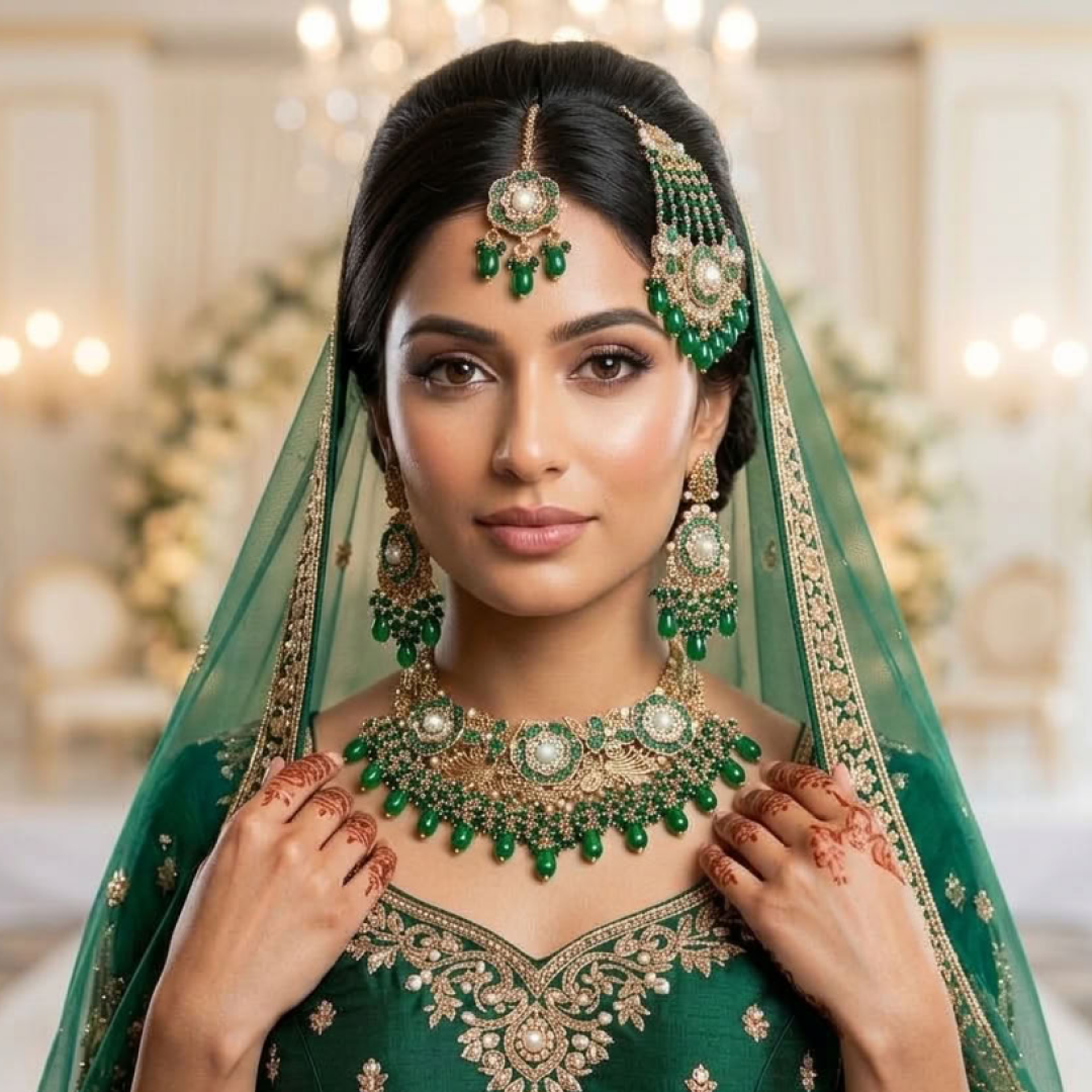 Kundan Antique Gold Plated Green Bridal Jewellery Set - 4-Piece Necklace, Earrings, Tikka & Passa