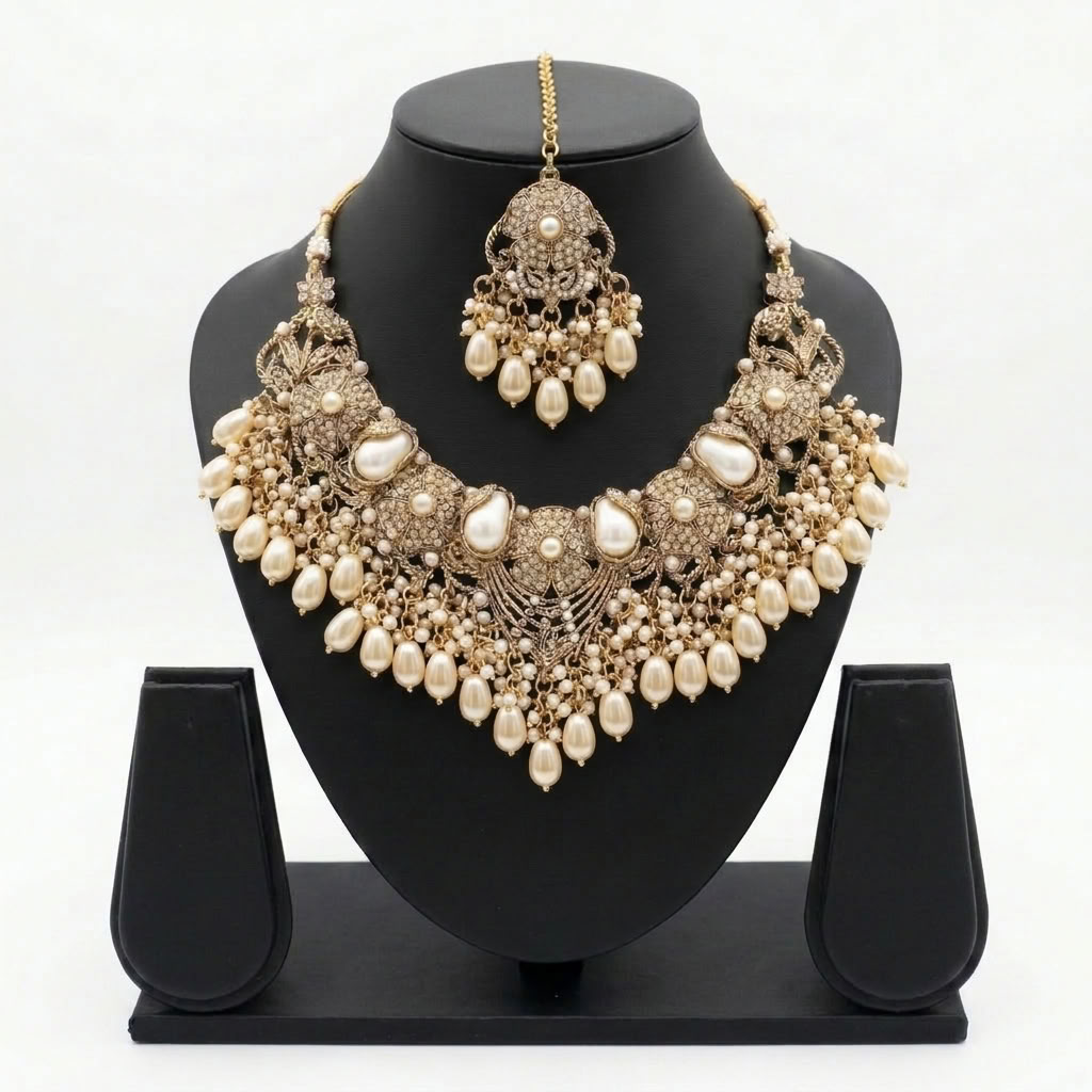 Kundan Antique Gold Plated Ivory Bridal Jewellery Set - 2-Piece Necklace & Tikka