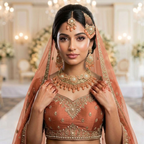 Kundan Antique Gold Plated Peach Bridal Jewellery Set - 4-Piece Necklace, Earrings, Tikka & Passa