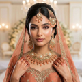Kundan Antique Gold Plated Peach Bridal Jewellery Set - 4-Piece Necklace, Earrings, Tikka & Passa