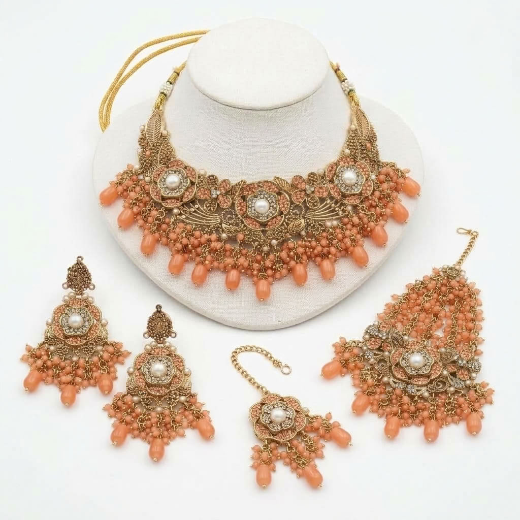 Kundan Antique Gold Plated Peach Bridal Jewellery Set - 4-Piece Necklace, Earrings, Tikka & Passa