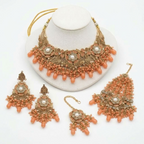 Kundan Antique Gold Plated Peach Bridal Jewellery Set - 4-Piece Necklace, Earrings, Tikka & Passa