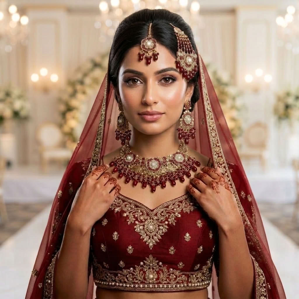 Kundan Antique Gold Plated Ruby Red Bridal Jewellery Set - 4-Piece Necklace, Earrings, Tikka & Passa